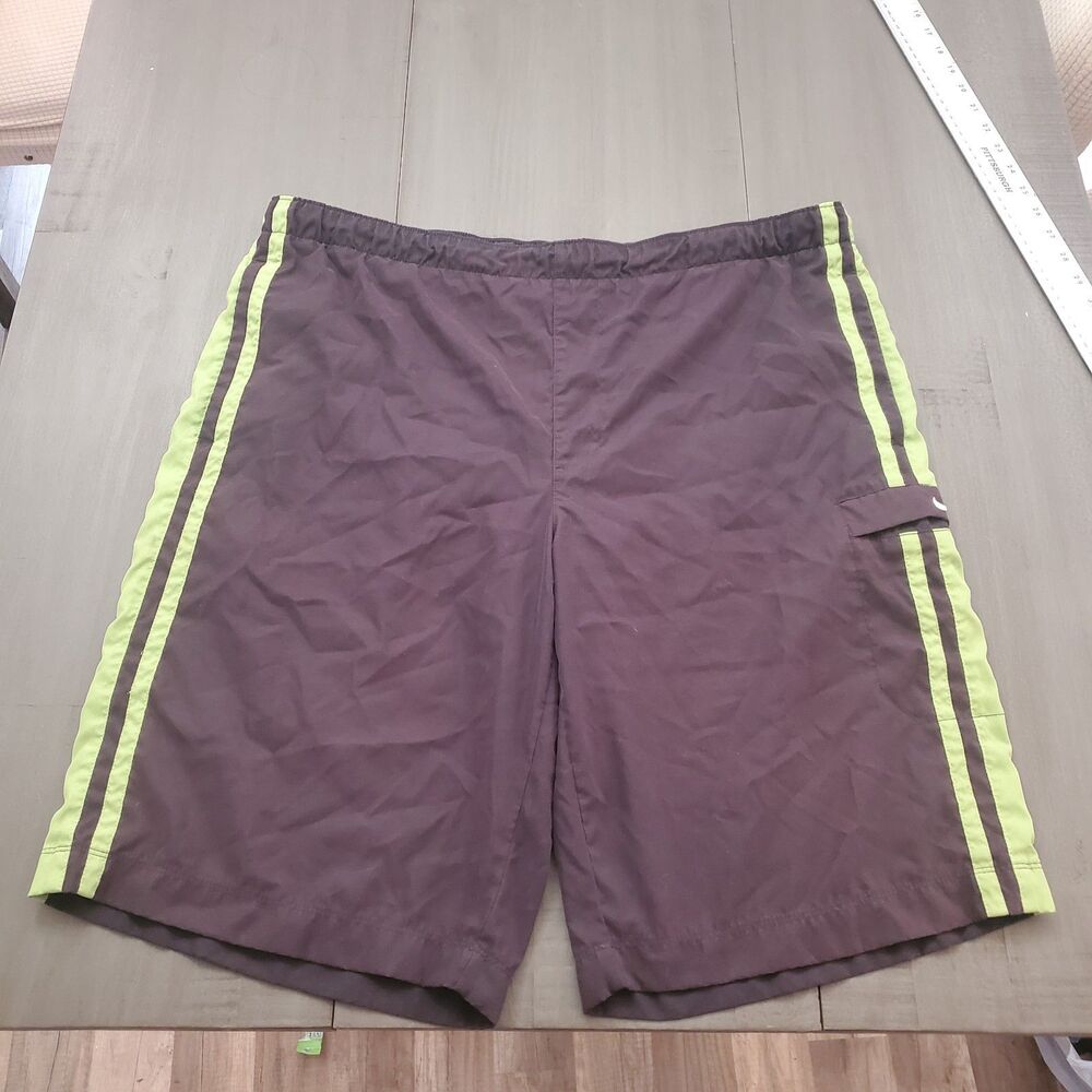 VTG Nike Men's L Black Green Striped Swim Trunks Y2K Baggy Mesh Lined Shorts